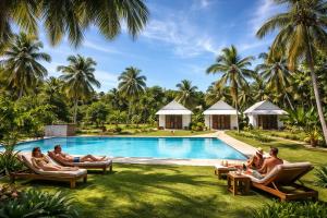 a group of people sitting around a pool at a resort at Cottage Paramount in Udawalawe