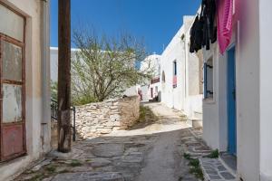an alley in a town with a stone wall at Olga's House kythnos D in Kithnos