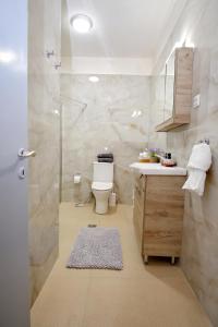 a bathroom with a shower and a toilet and a sink at Aroura Homes Spetses 3BR 2BA in Spetses +85 photos