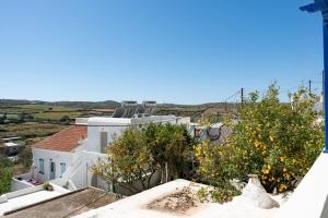 a view from the roof of a house with orange trees at Olga's House Kythnos in Kithnos