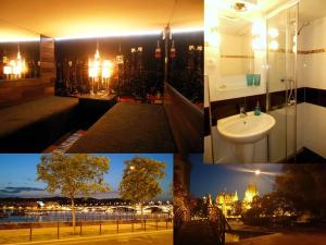 un collage de fotos de un baño con vistas al perfil urbano en Miniapartman Budapest, en Budapest