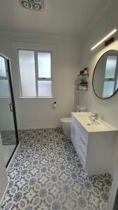 a bathroom with a sink and a toilet and a mirror at Welcome To Wansbeck in Oamaru +9 photos