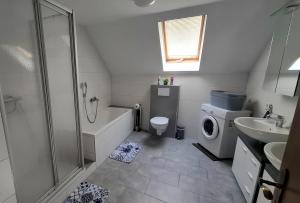 a bathroom with a shower sink and a washing machine at Wohnung Maric bis zu 11 Personen in Neunburg vorm Wald +22 photos