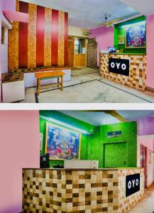 two pictures of a restaurant with a table and a bench at Hotel cozy guest house in Alīgarh +12 photos