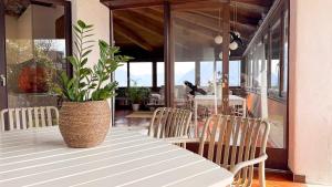 a table with a potted plant on a patio at La Finestra sul lago in Brissago
