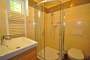 ein Bad mit einer Dusche, einem Waschbecken und einem WC in der Unterkunft Apartment Bartek Ski Rental in Demänovská Dolina