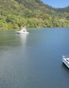 a white boat in a lake with trees at Party on the islands in Carenage