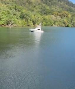 a white boat on a large body of water at Party on the islands in Carenage