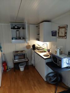 a small kitchen with a sink and a microwave at Ålesund New Guesthouse in Ålesund