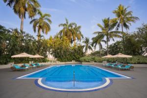 a swimming pool with blue chairs and palm trees at Surat Marriott Hotel in Surat