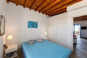 a bedroom with a blue bed and white cabinets at Tzados Sunny Villa in Kariá