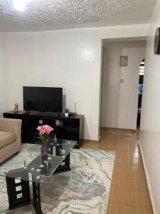 a living room with a glass table and a tv at Suki Ruaka Homes in Ruaka