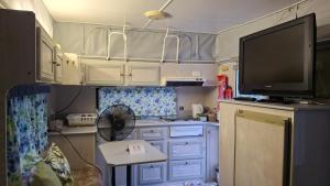 a small kitchen with a tv on top of it at Caravan Rustic Sunflower in Mount Crosby