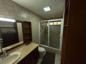 a bathroom with a toilet and a sink and a shower at Aloft Alvarado in Siguatepeque