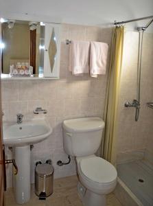 uma casa de banho com um WC, um lavatório e um chuveiro em To Kallion em Klávsion