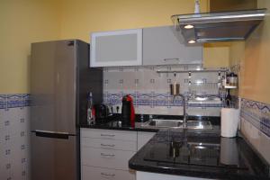 a kitchen with a sink and a refrigerator at Arouca Passadiços Alojamento & Jacuzzi - SPA in Arouca