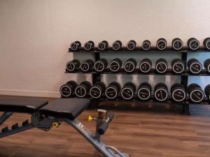 a gym with a rack of dumbbells on a wall at Novotel Rouen Sud Zenith Parc Expo in Saint-Étienne-du-Rouvray