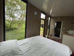 a bedroom with a large bed and a large window at Mountain Calm Inns in Xiayun