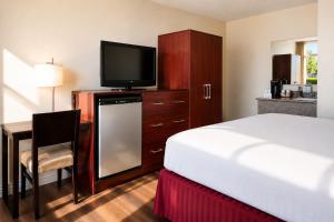 a hotel room with a bed and a flat screen tv at Kings Inn Anaheim at The Park & Convention Center in Anaheim