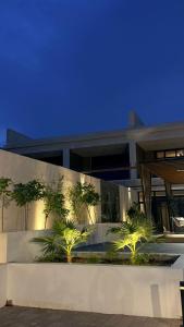 a house with trees in front of it at night at منتجع شاطئ الدانة Hus Chalet in Dammam