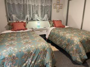 a bedroom with two beds and a window at The Penguins Nest in Oamaru