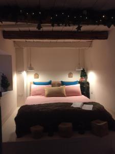 B&B Valle Spluga Il Pertugio في كيافينا: غرفة نوم مع سرير كبير مع وسائد وردية وزرقاء