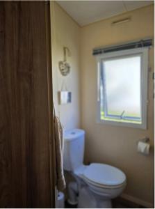 a bathroom with a white toilet and a window at Seabreeze in Goodrington +8 photos