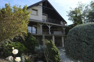 a black and white house with a dog on the balcony at Sziget Apartman in Pócsmegyer