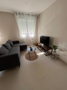 a living room with a couch and a table at Le Cosy in Saint-Marcellin