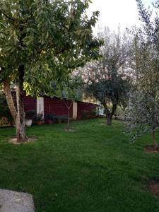 a yard with two trees and a brick building at Rodi Home in Sotíra