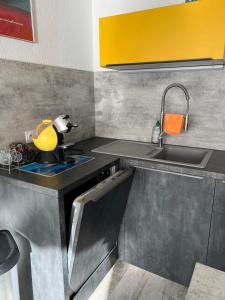 a kitchen with a sink and a yellow pot on a stove at La Marina de Lairan 2 chambres terrasse vue Port de Plaisance in Le Grau-du-Roi +13 photos