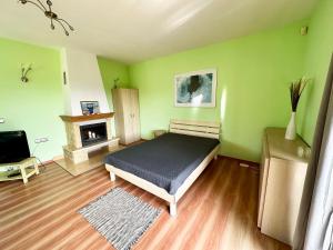 a bedroom with a bed and a fireplace at Villa Henry in Grzybowo