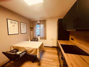 a room with a table and chairs and a television at Ferienwohnung Michaela in Neualbenreuth