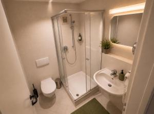 a bathroom with a shower and a toilet and a sink at UNO Smart Soltau Wietzendorf in Soltau +9 photos