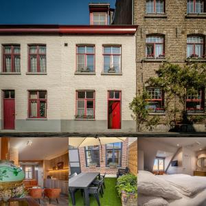two pictures of a building with a red door at Guesthouse Gillis7 in Bruges