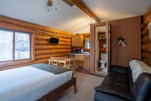 a bedroom with a bed and a desk in a room at Hatcher Pass Cabins in Palmer