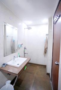 a bathroom with a sink and a mirror and a toilet at FlexiBay Boys Hostel Noida in Noida