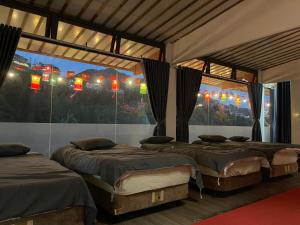 a group of beds in a room with windows at Elephant homestay in Sapa