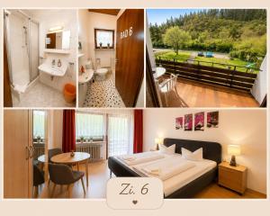 a collage of pictures of a bedroom and a bathroom at Schatzn Hof Landgasthaus in Pottenstein