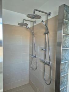 a shower in a bathroom with two shower heads at Nybo House in Præstø +22 photos