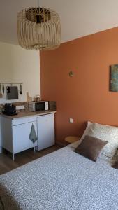 a bedroom with a bed and a desk with a microwave at Studio La passagère in Plouvorn
