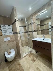 a bathroom with a shower and a toilet and a sink at LE TERRACOTTA COTE D'AZUR - Proche PLAGE - Terrasse & Confort - CLIM - Parking et Wifi Gratuit- OFFRE SPECIALE in Fréjus +14 photos