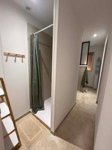 a walk in shower with a glass door in a bathroom at Les clés de Jules in Gruissan +18 photos