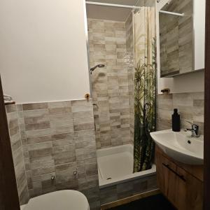 a bathroom with a toilet and a sink and a shower at Kwatera bez cioci in Gdańsk