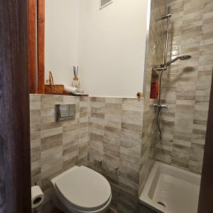 a bathroom with a toilet and a bath tub at Kwatera bez cioci in Gdańsk