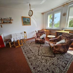 a living room with two chairs and a rug at Kwatera bez cioci in Gdańsk