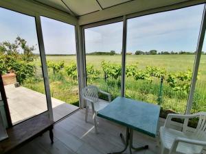 a screened porch with a table and chairs and a view of a field at Gîte Bouconne Pibrac in Pibrac
