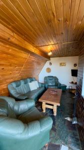 a living room with a leather couch and a wooden ceiling at Chata pod Černou horou in Rudník