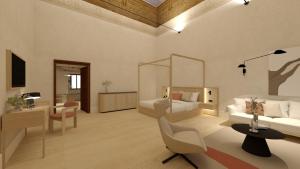a bedroom with a bed and a desk with a mirror at Castilla Termal Palacio de Avellaneda in Peñaranda de Duero