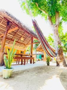a hammock hanging from a tree next to a picnic table at Arne's Place in Arugam Bay